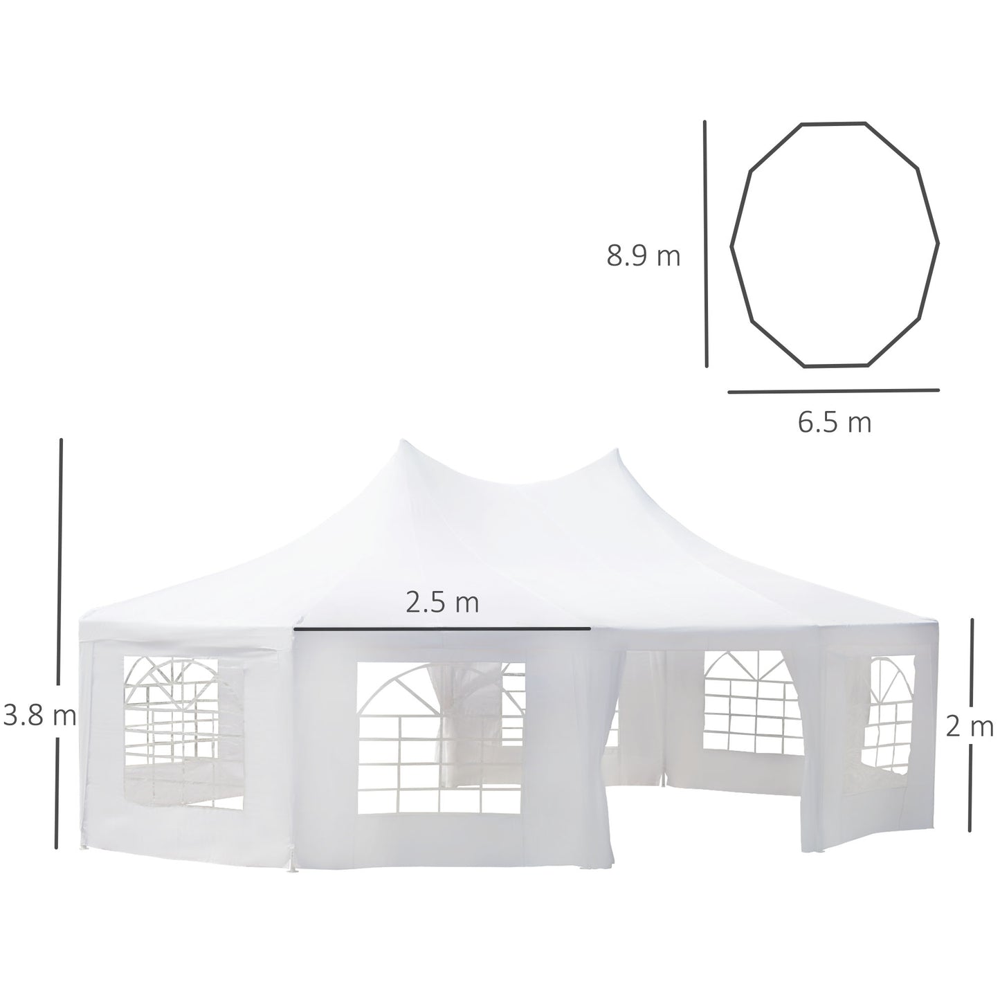 Outsunny Garden Party Tent 8.9x6.5 m Waterproof Marquee Canopy White 10 Sides Decagonal Gazebo Wedding Canopy Outdoor Heavy Duty Metal Frame