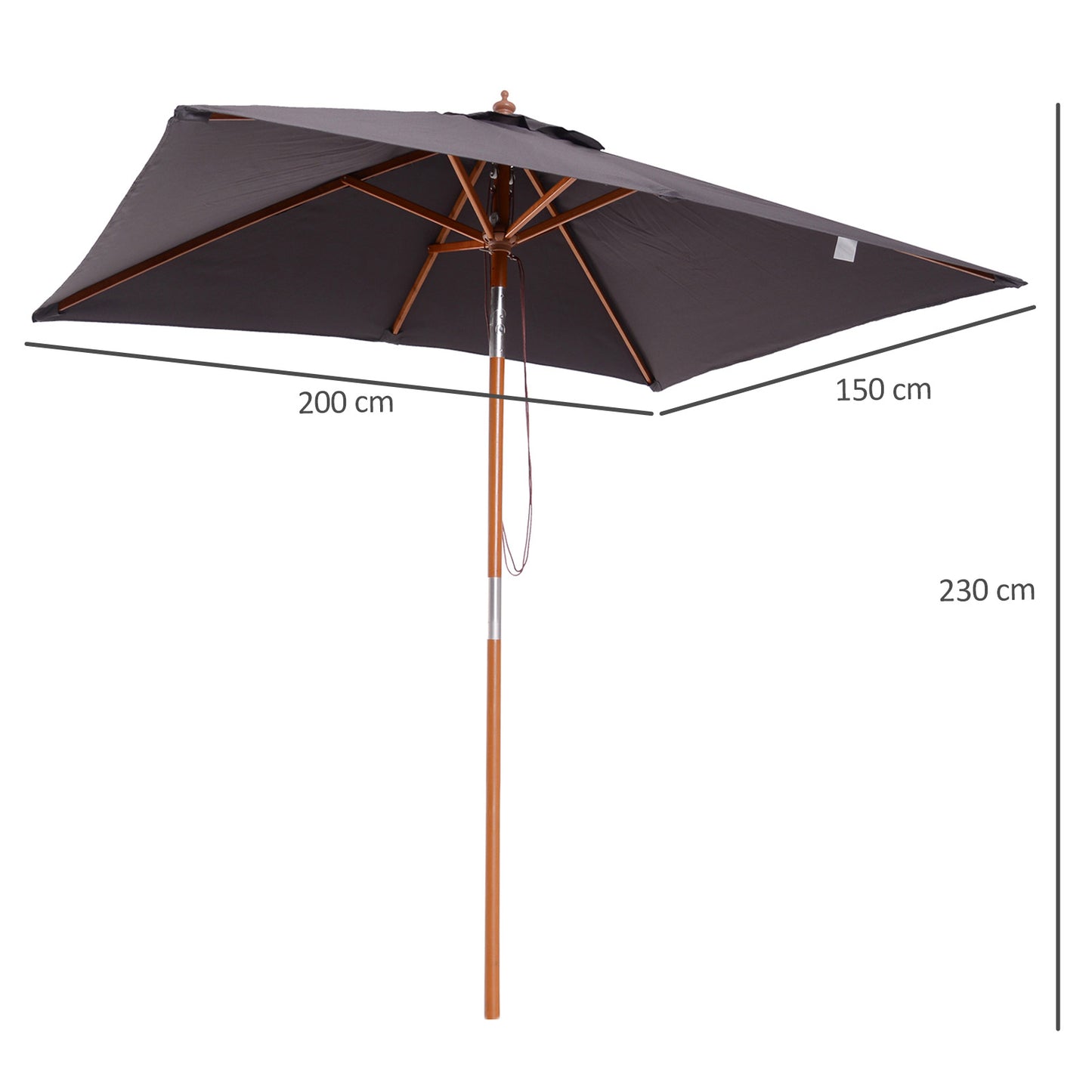 Outsunny 2m x 1.5m Tilt Mechanism Bamboo Wooden Frame Parasol Deep Grey