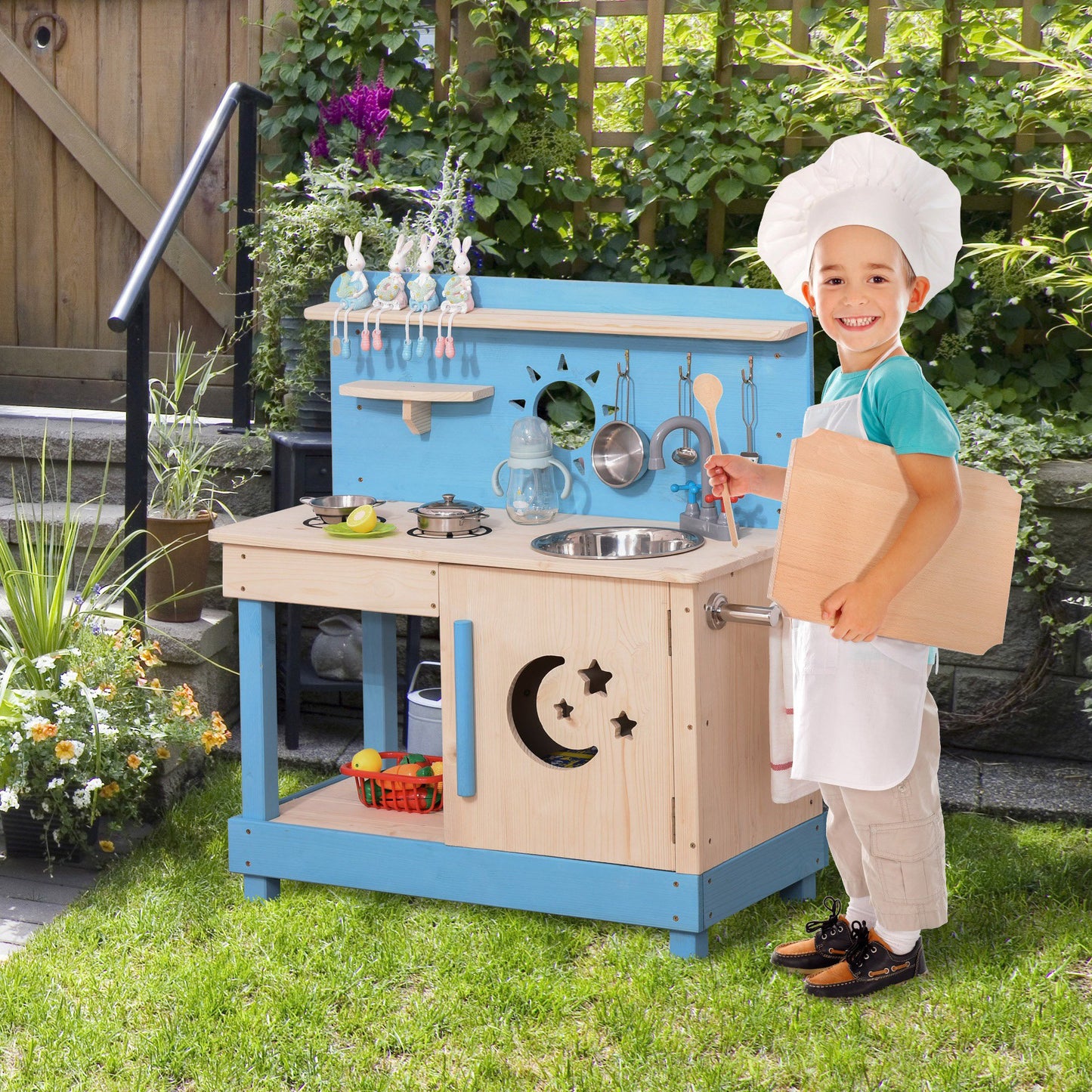 Outsunny Kids Kitchen Playset with Pretend Pots and Pans for 3+ Years Old