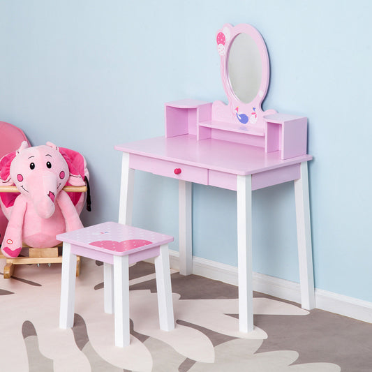 HOMCOM Kids Dressing Table W/Stool Set-Pink