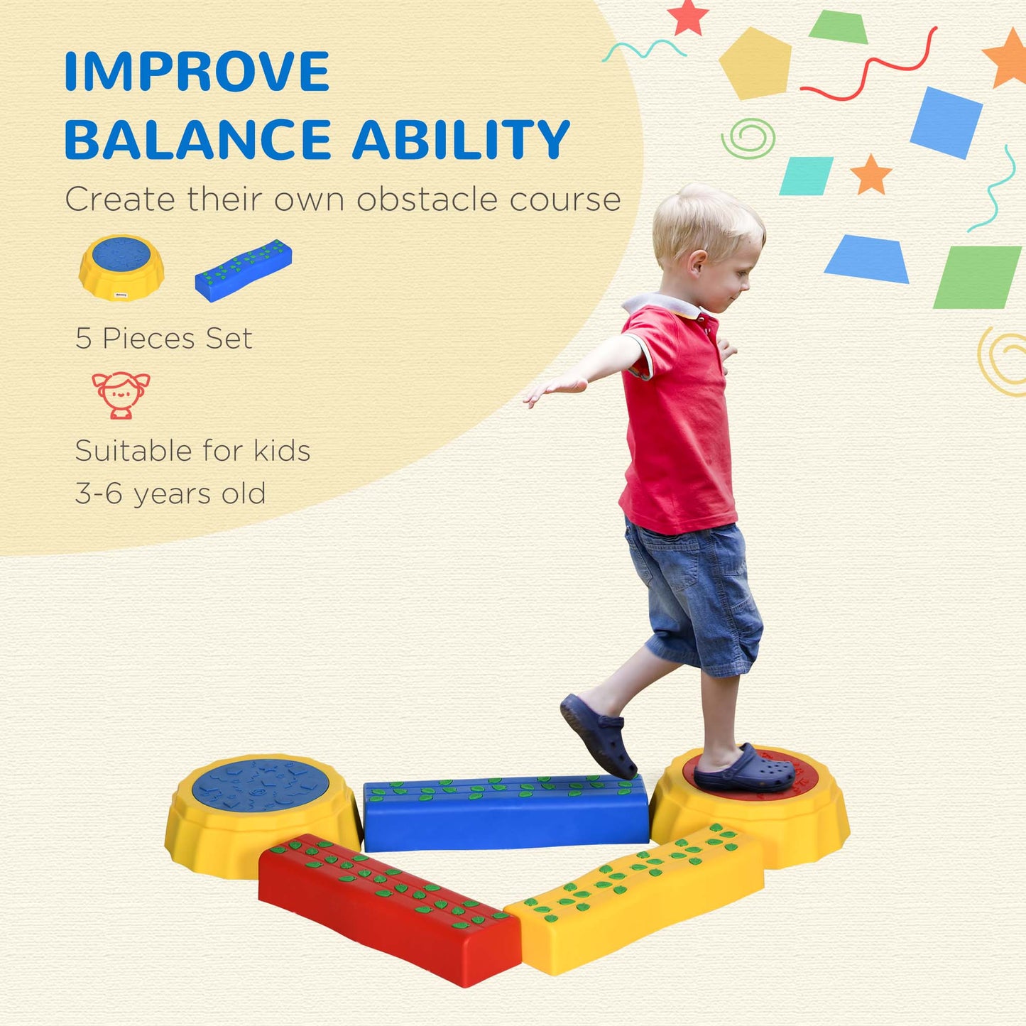 Outsunny 5pcs Kids Balance Beam, Balance Bridge with Non-slip Surface & Bottom, Multicoloured