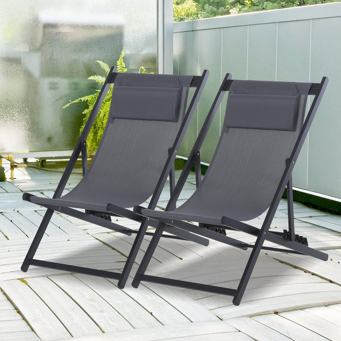 Outsunny Aluminium Frame Set Of 2 Folding Deck Chairs Deep Grey
