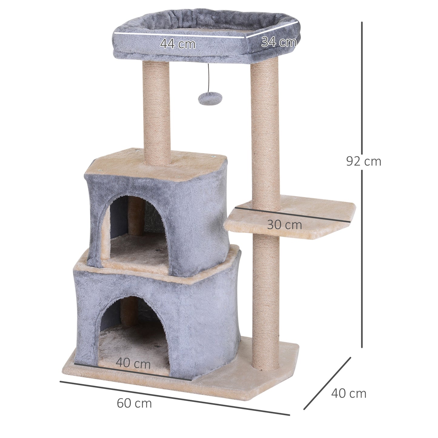 PawHut Multi-Level Cat Scratching Tree Condo Pet Activity Centre with Sisal-Covered Scratching Posts Perch w/ Bed and Dangle Toy Grey