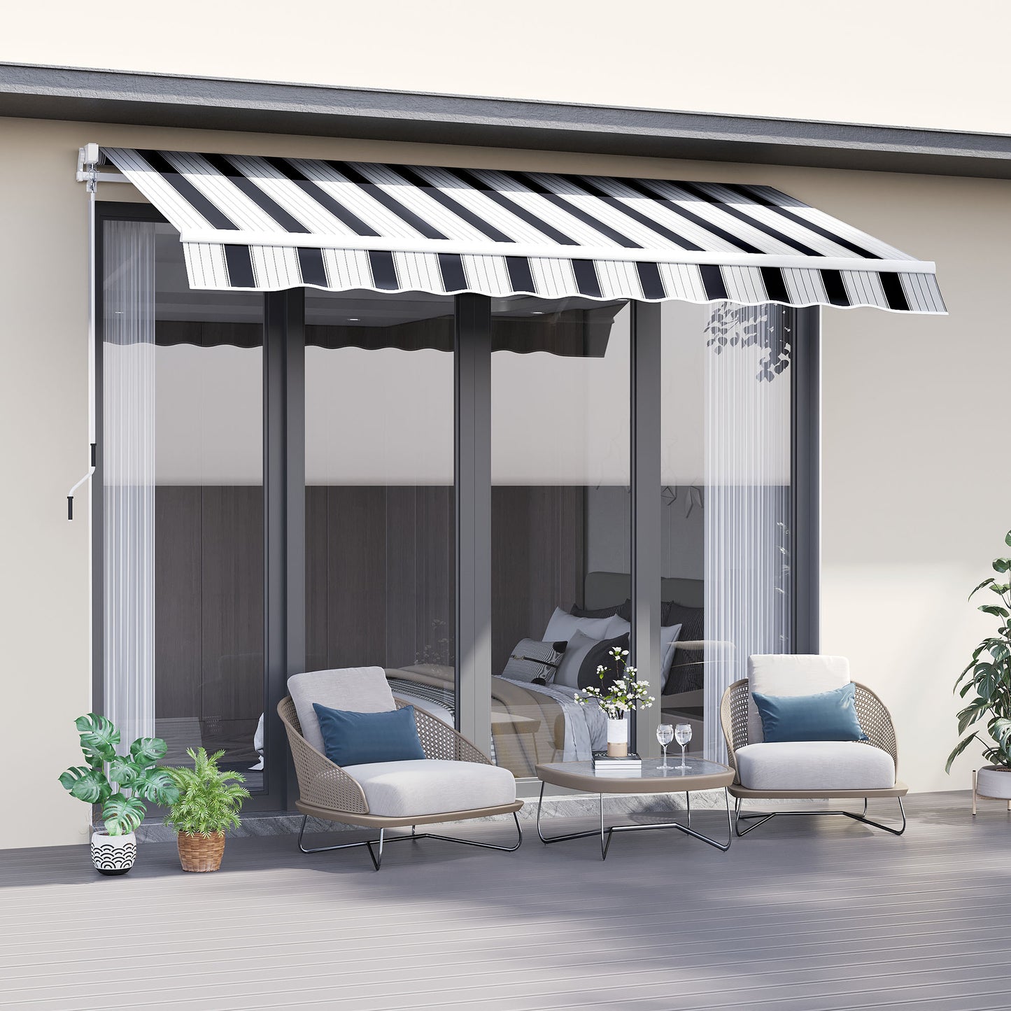 Outsunny Retractable Garden Awning 2.5x2 m Blue White Strips Patio Manual Canopy Sun Shade Shelter with Winding Handle