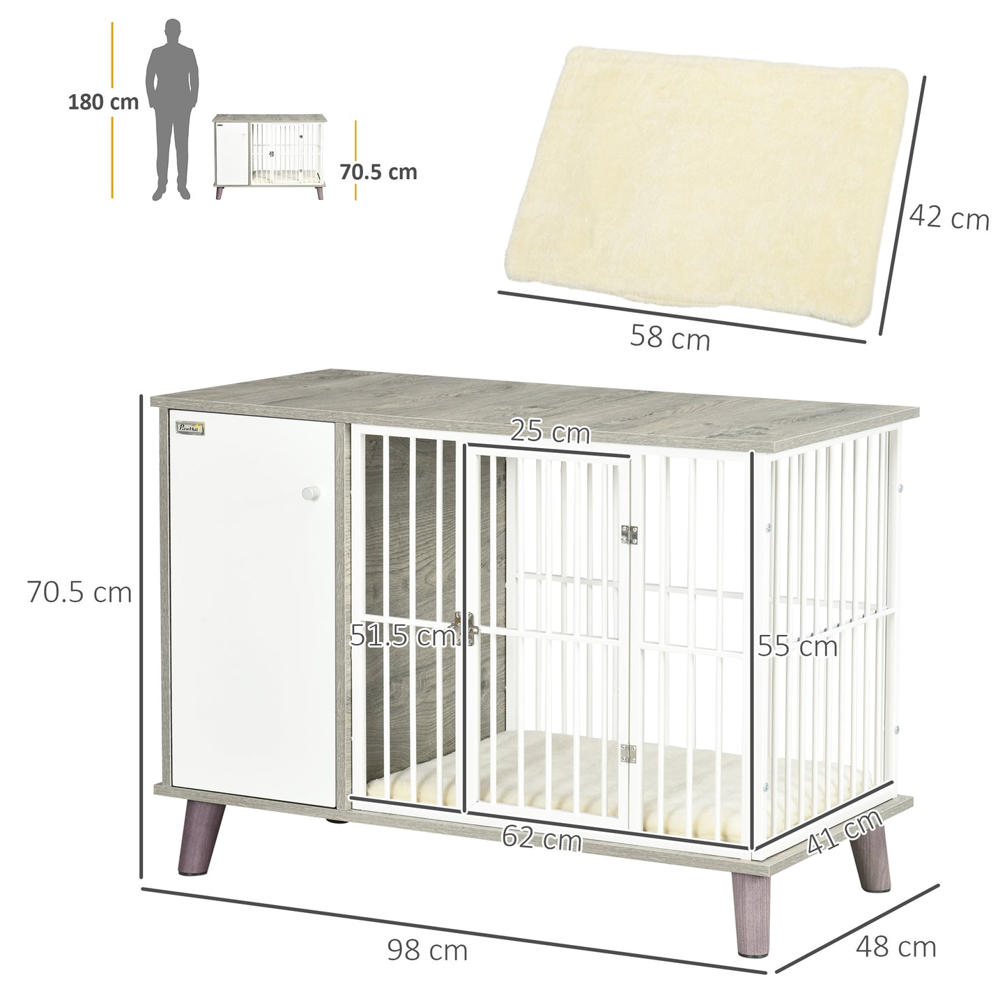 PawHut Dog Crate Furniture, Indoor Pet Kennel Cage, Top End Table w/ Soft Cushion, Lockable Door, for Small Dogs, 98 x 48 x 70.5 cm - Grey