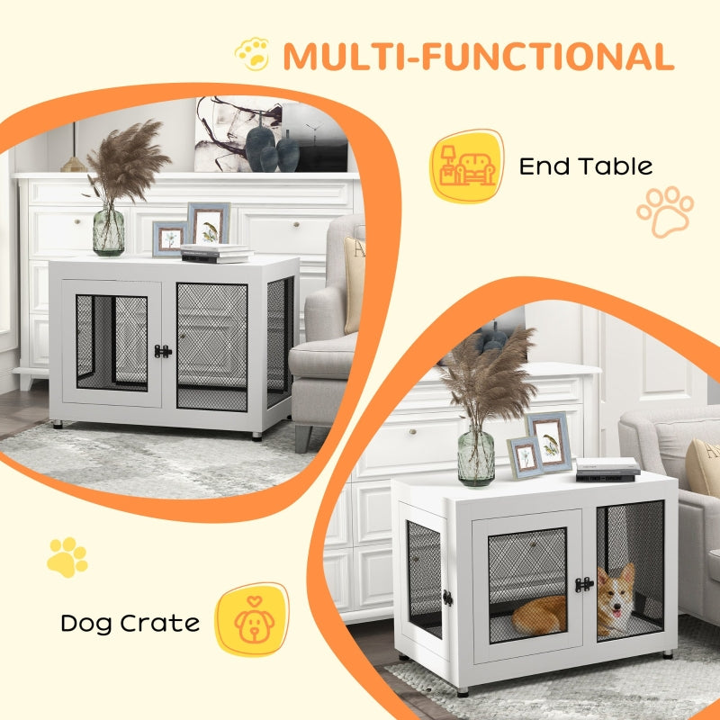 PawHut 2-in-1 Dog Cage & Side Table, with Two Doors, Cushion, for Large Dogs-White