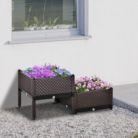 Outsunny Set of 2 Plastic Raised Garden Bed, Planter Box, Flower Vegetables Planting Container with Self-Watering Design and Drainage Holes for Patio Balcony