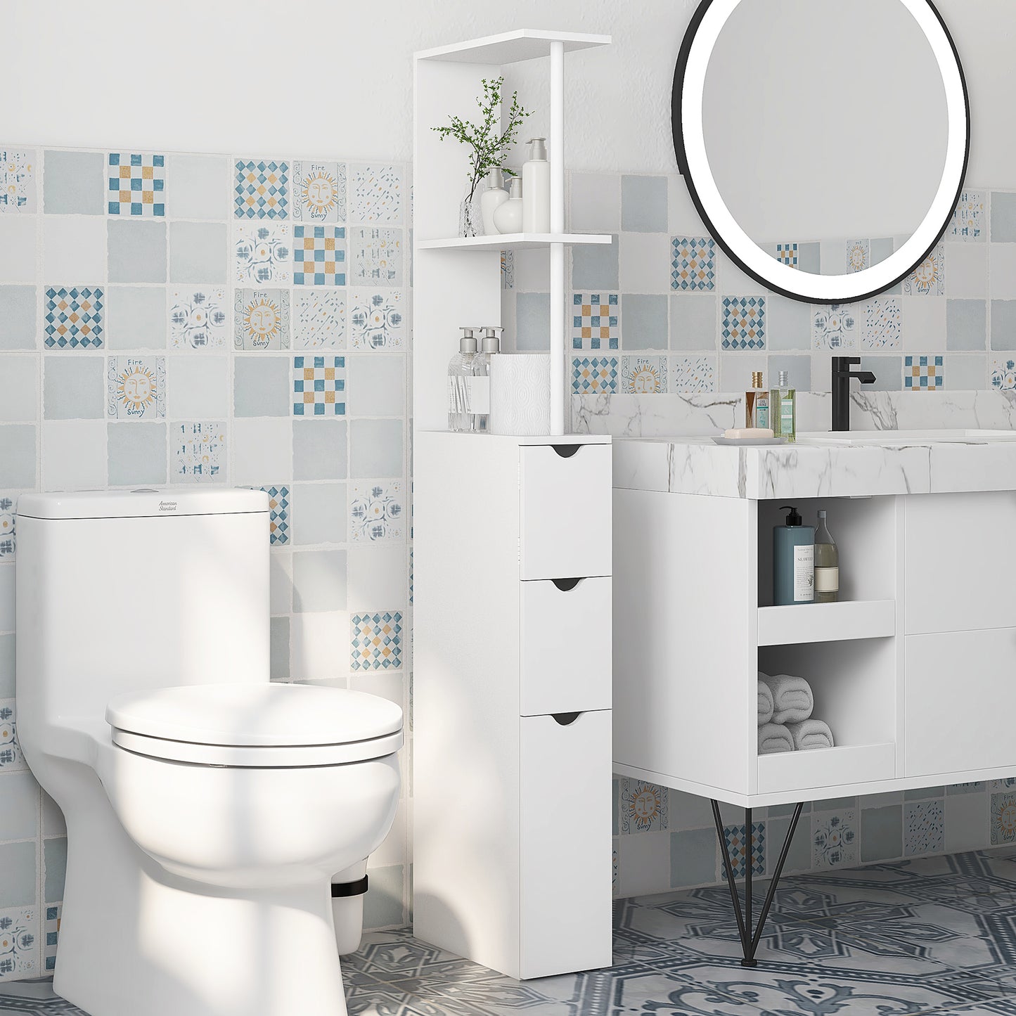 kleankin Slim Bathroom Storage Cabinet with Drawers Tall Bathroom Cupboard with 2Tier Shelf White