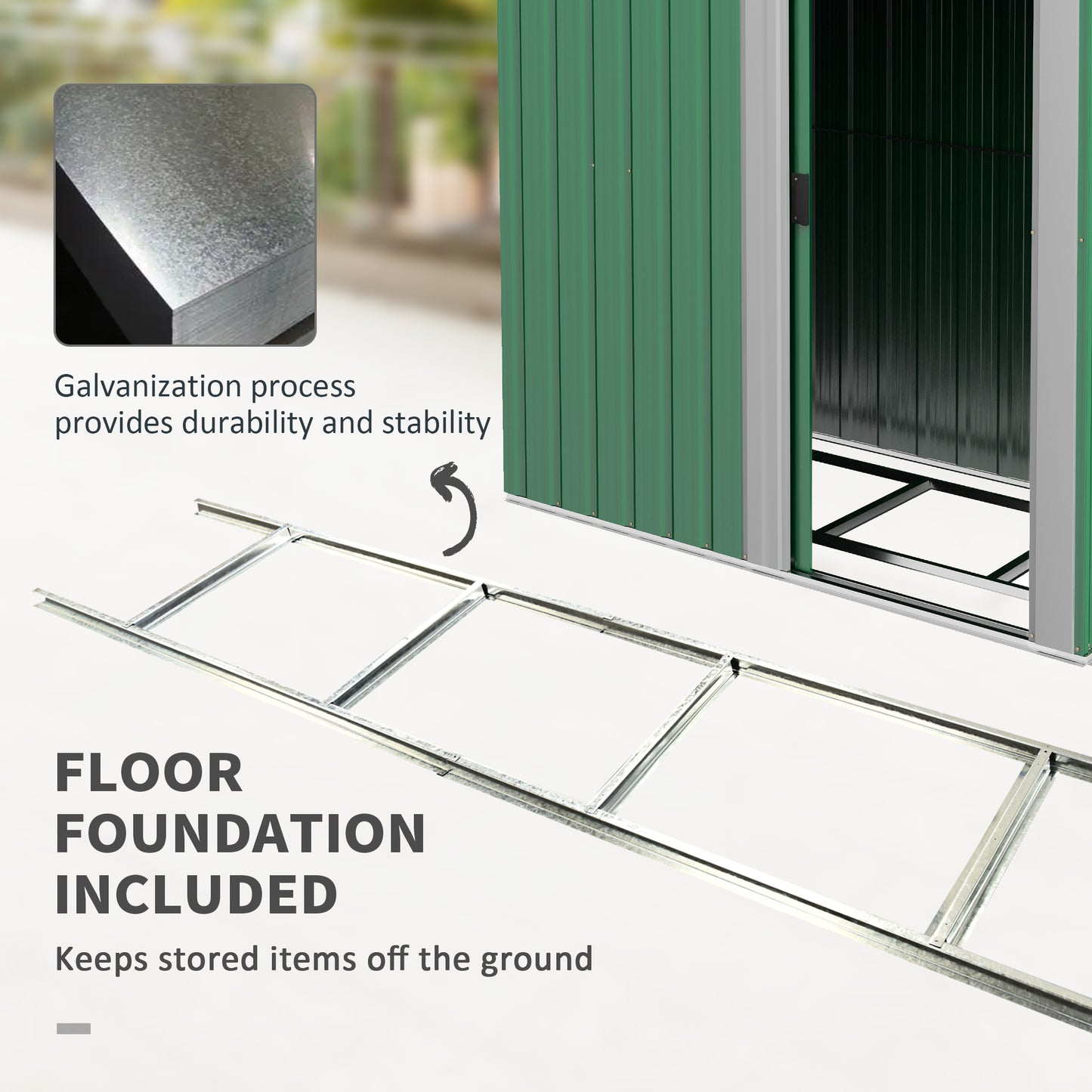 Outsunny Garden Metal Tool Storage Shed with Sliding Door Sloped Roof and Floor Foundation 152 x 132 x 188cm Green