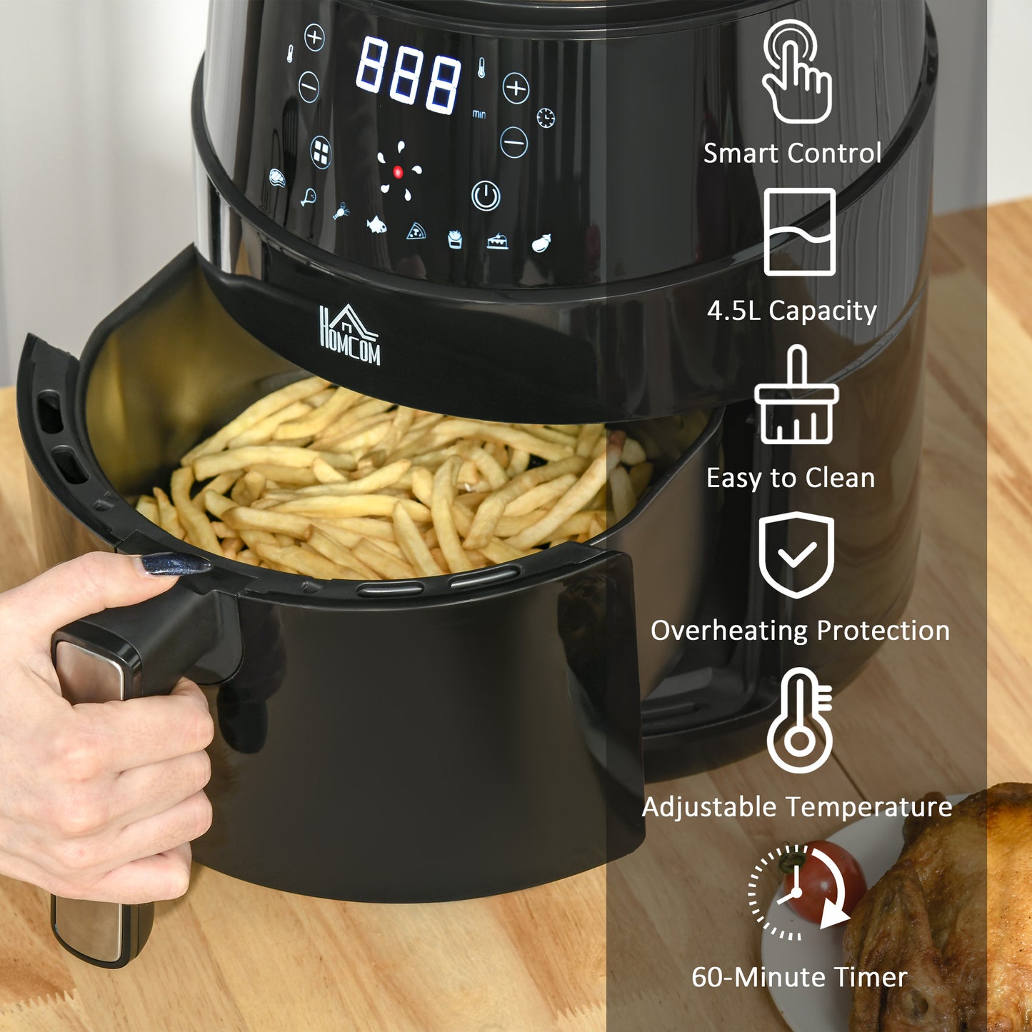 HOMCOM Air Fryer, 1500W 4.5L Air Fryers Oven with Digital Display, Rapid Air Circulation, Timer for Oil Less or Low Fat Cooking, Black