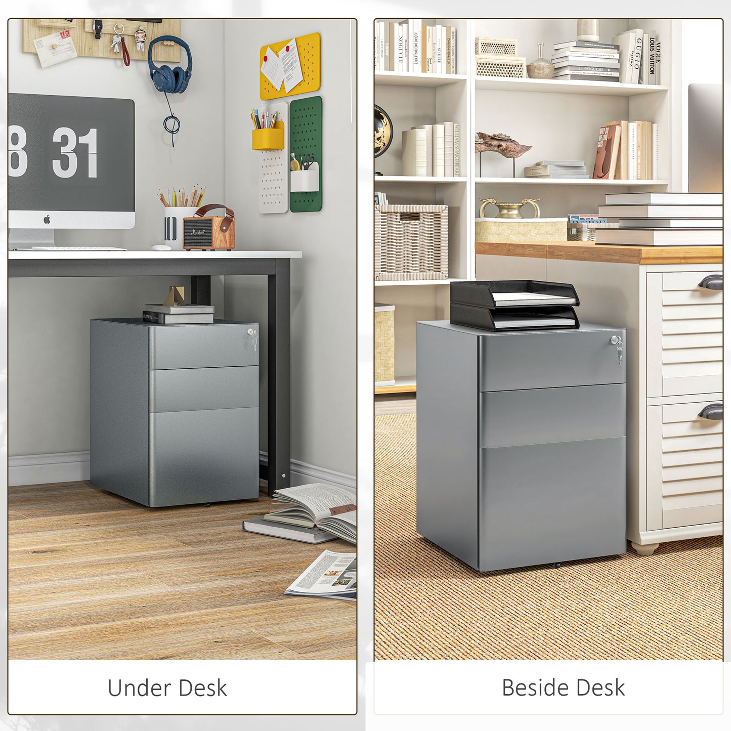 Vinsetto Lockable Cabinet Rolling Filing Cabinet with 3 Drawers Steel Office Drawer Unit for A4 Letter Legal Sized Files