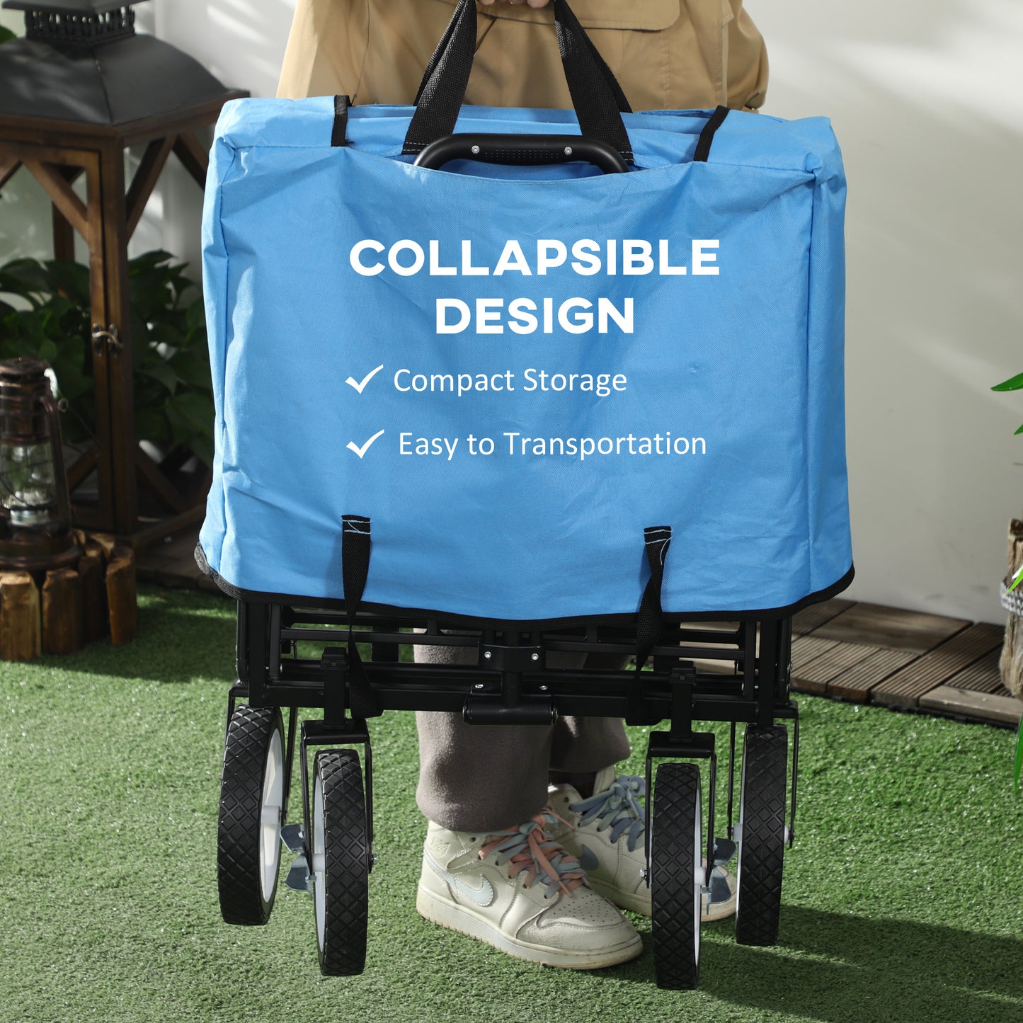 Outsunny Collapsible Folding Outdoor Garden Storage Trolley Cart w/ Telescopic Handle & Brakes Blue