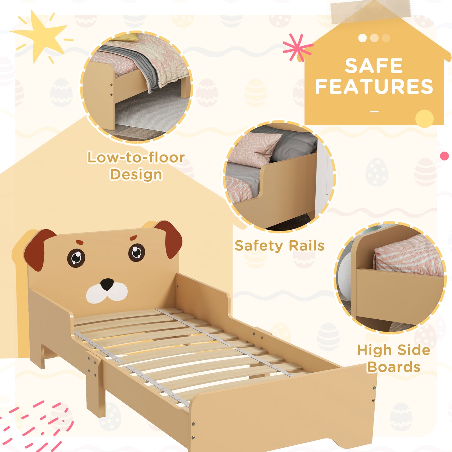 ZONEKIZ Kids Bed for 36 Years Old PuppyThemed Design 143 x 74 x 58 cm Yellow