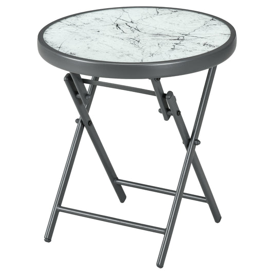 Outsunny Φ45cm Outdoor Side Table Round Folding Patio Table with Imitation Marble Glass Top Small Coffee Table White