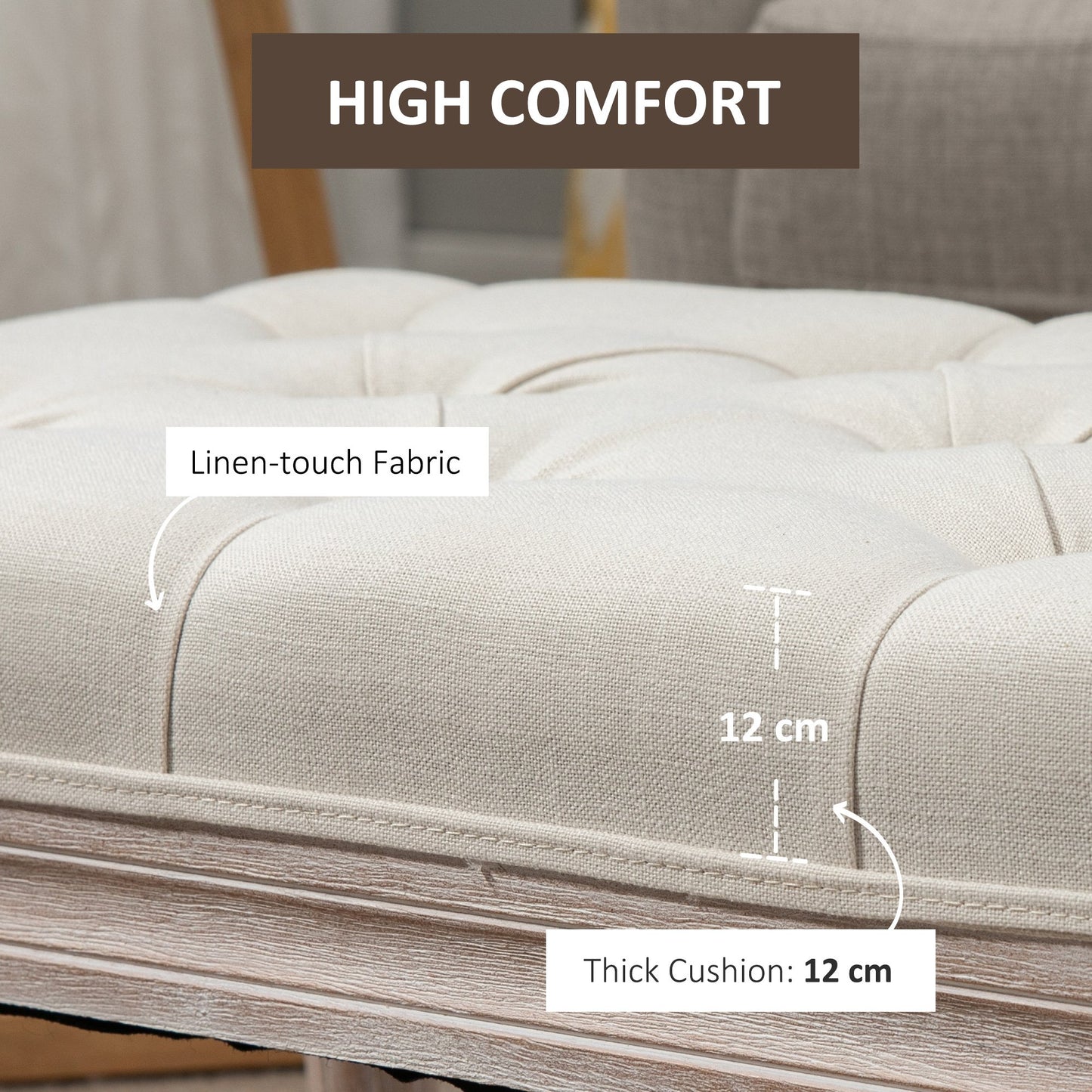 HOMCOM Accent Bench Tufted Upholstered Foot Stool Linen-Touch Fabric Ottoman Beige