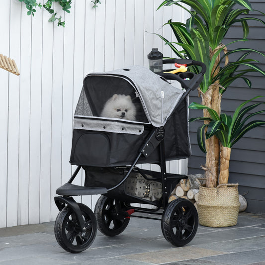 PawHut Folding 3 Wheel Pet Stroller Travel w/ Adjustable Canopy Storage Brake Grey