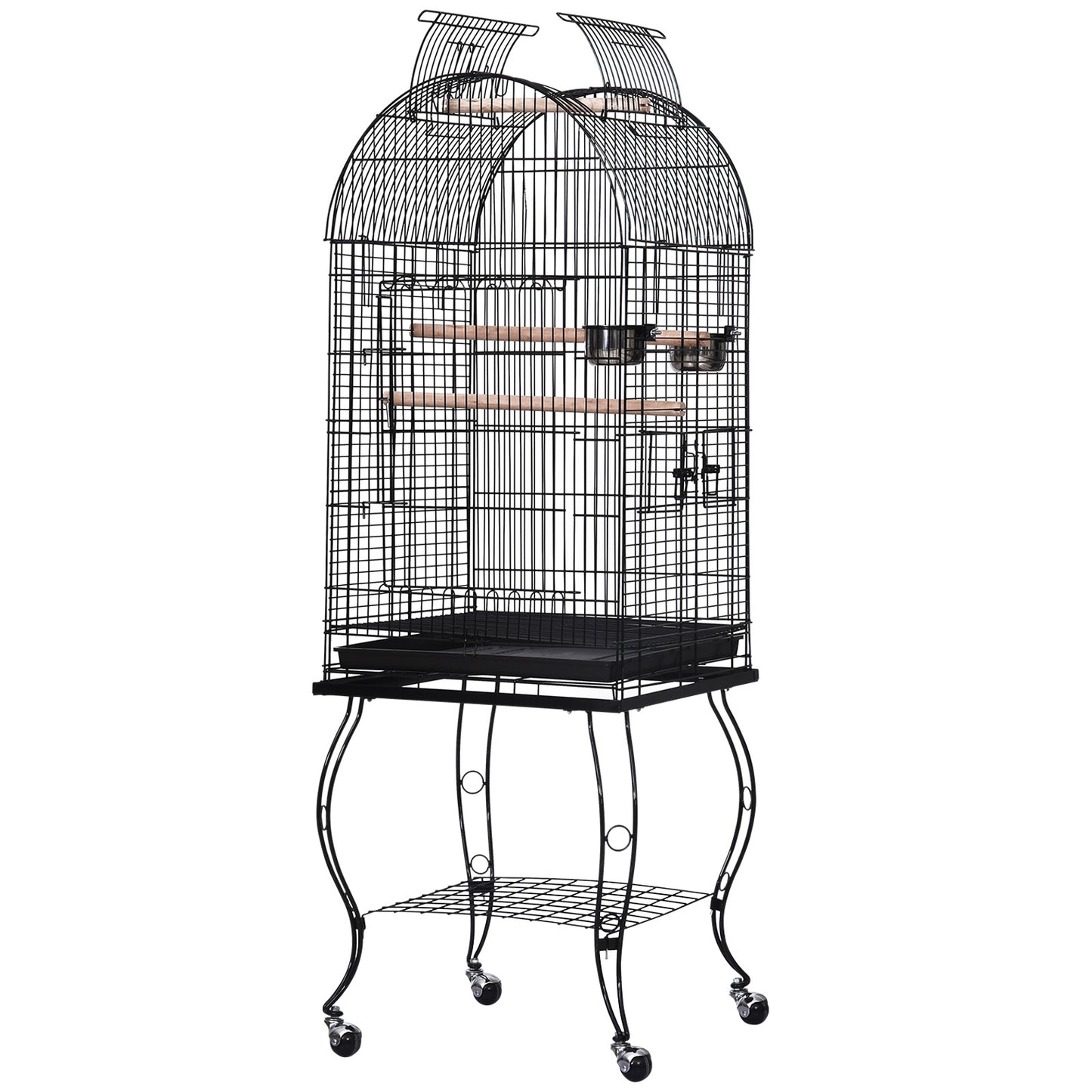 PawHut Metal Wire Bird Cage Parrot Cage Steel Pipe Bird Stand  w/ Wheels 51Lx51Wx137H cm-Black