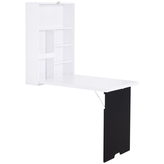HOMCOM MDF Folding Wall-Mounted Drop-Leaf Table with Chalkboard Shelf White
