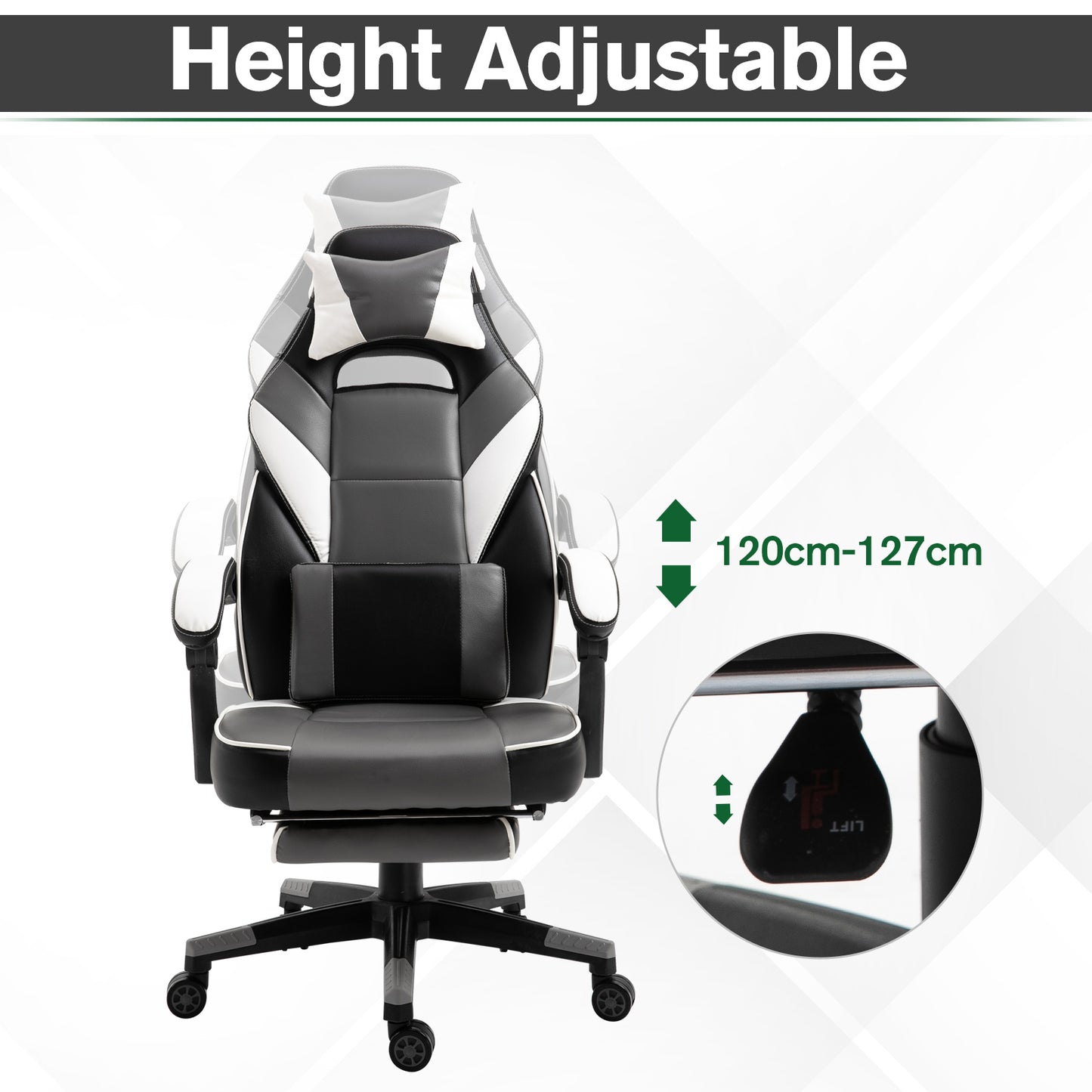 Vinsetto Cool & Stylish Gaming Chair Ergonomic w/ Padding Footrest Neck Back Pillow Adjustable Chair Grey
