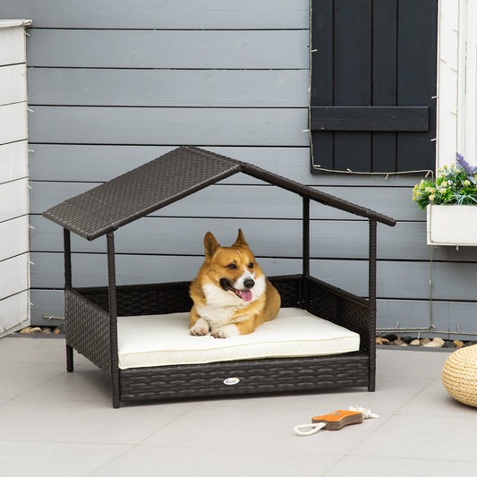 PawHut Wicker Dog House, Rattan Pet Bed with Soft Cushion, Canopy, Cat House with Anti-slip Pads, Brown, 98 x 69 x 73 cm