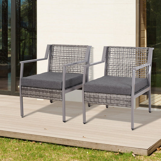 Outsunny 2 Pcs Rattan Chairs Set W/ Cushions, Aluminium Frame-Grey