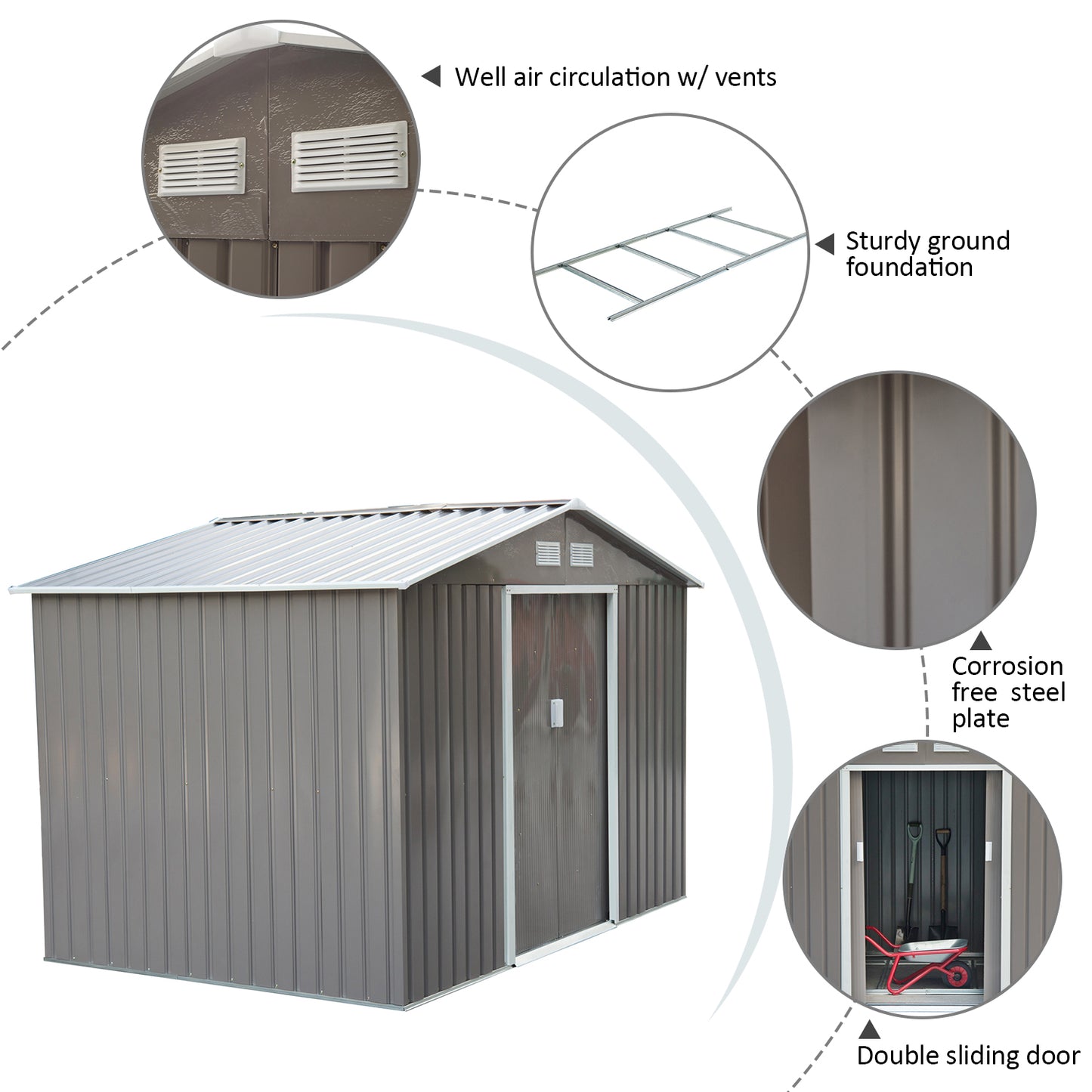 Outsunny 6.2 x 9ft Galvanized Steel Garden Shed & Foundation - Grey