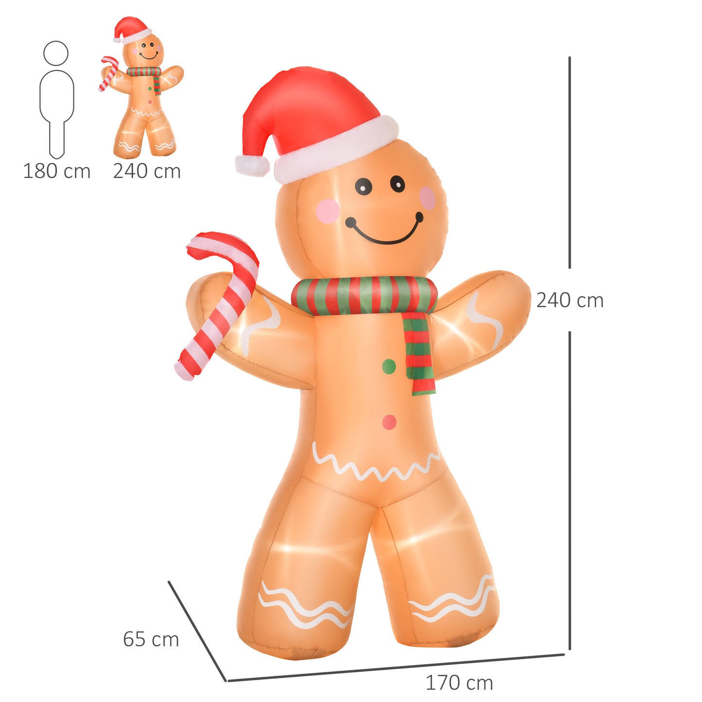 HOMCOM 2.4m Christmas Inflatable Gingerbread Man Lighted Home Indoor Outdoor Decoration