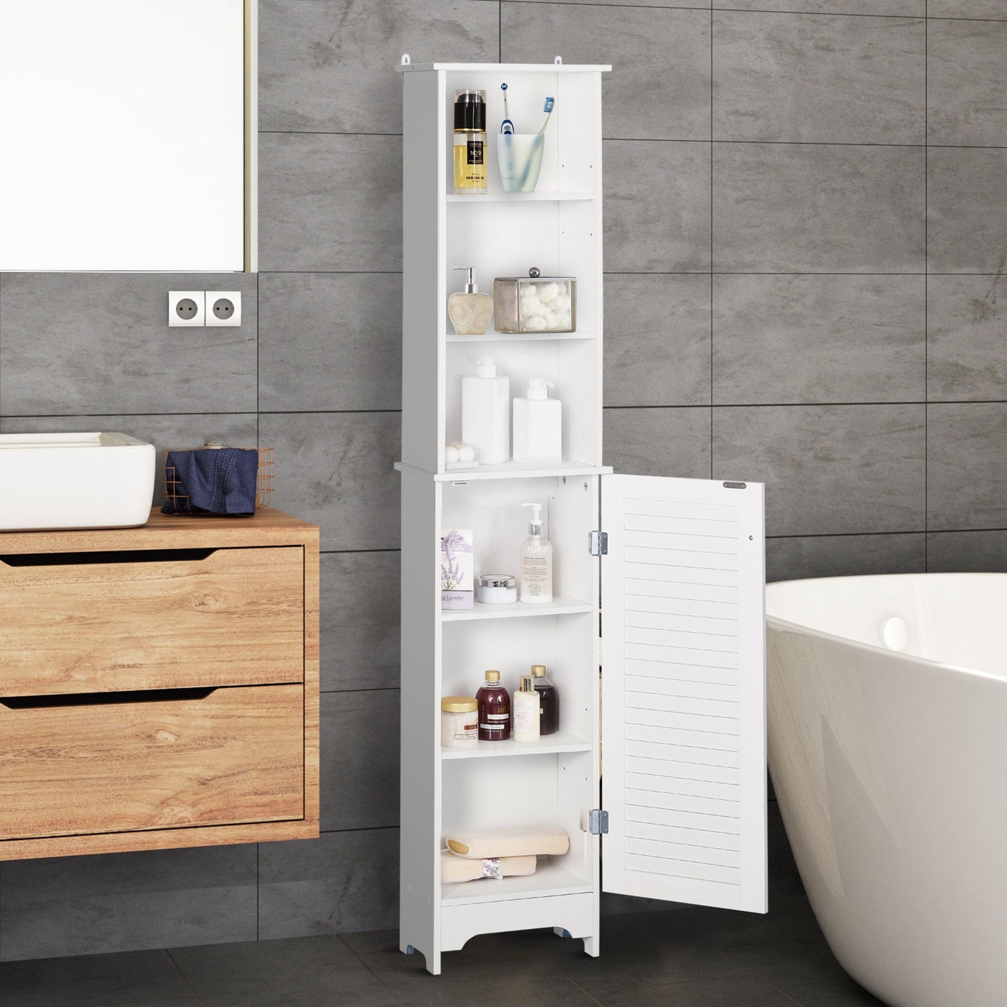 HOMCOM Freestanding 6-Tier Tall Bathroom Storage Cabinet White