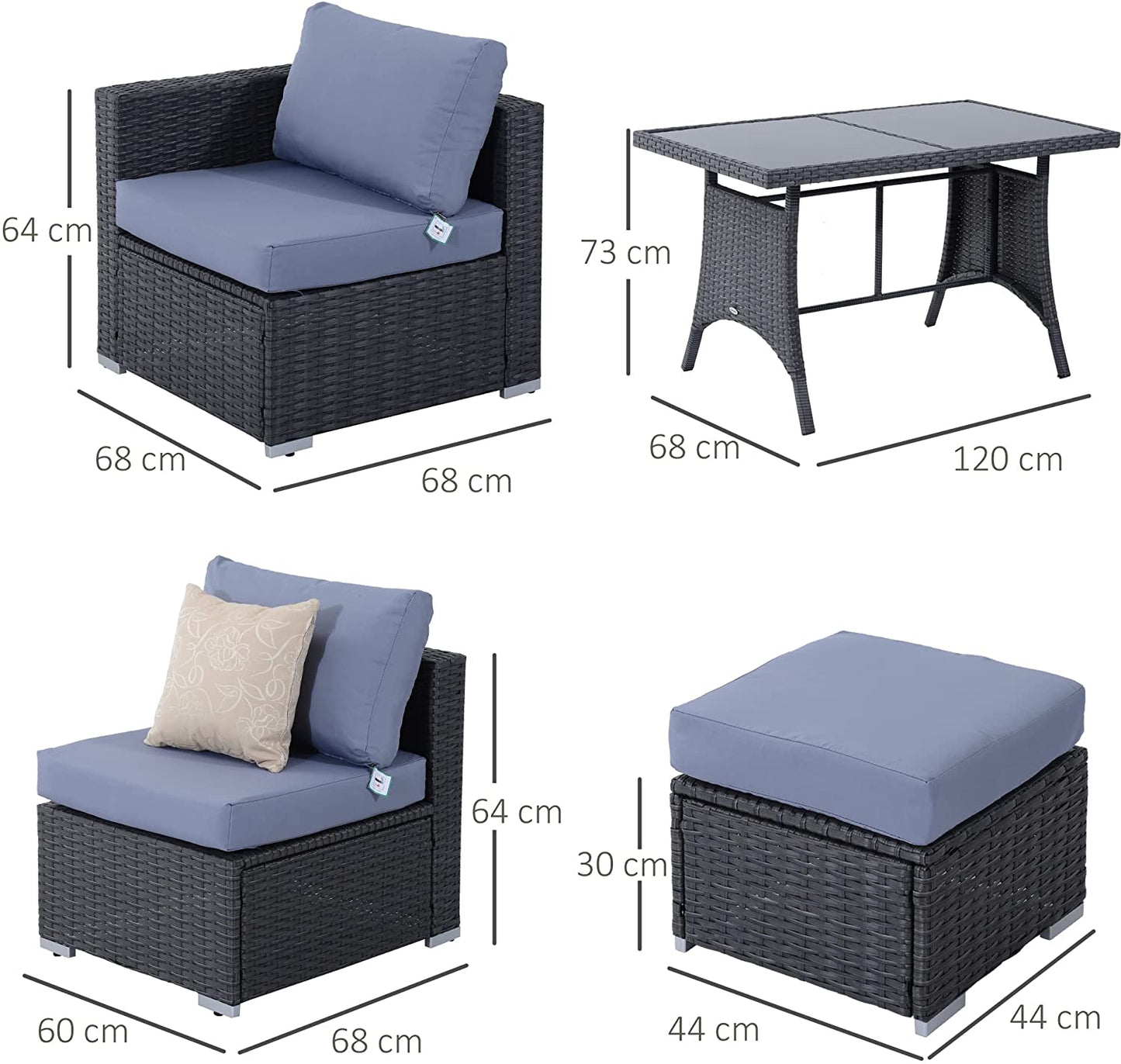 Outsunny 10 Pcs Rattan Sofa Set-Grey/Dusty Blue Cushion