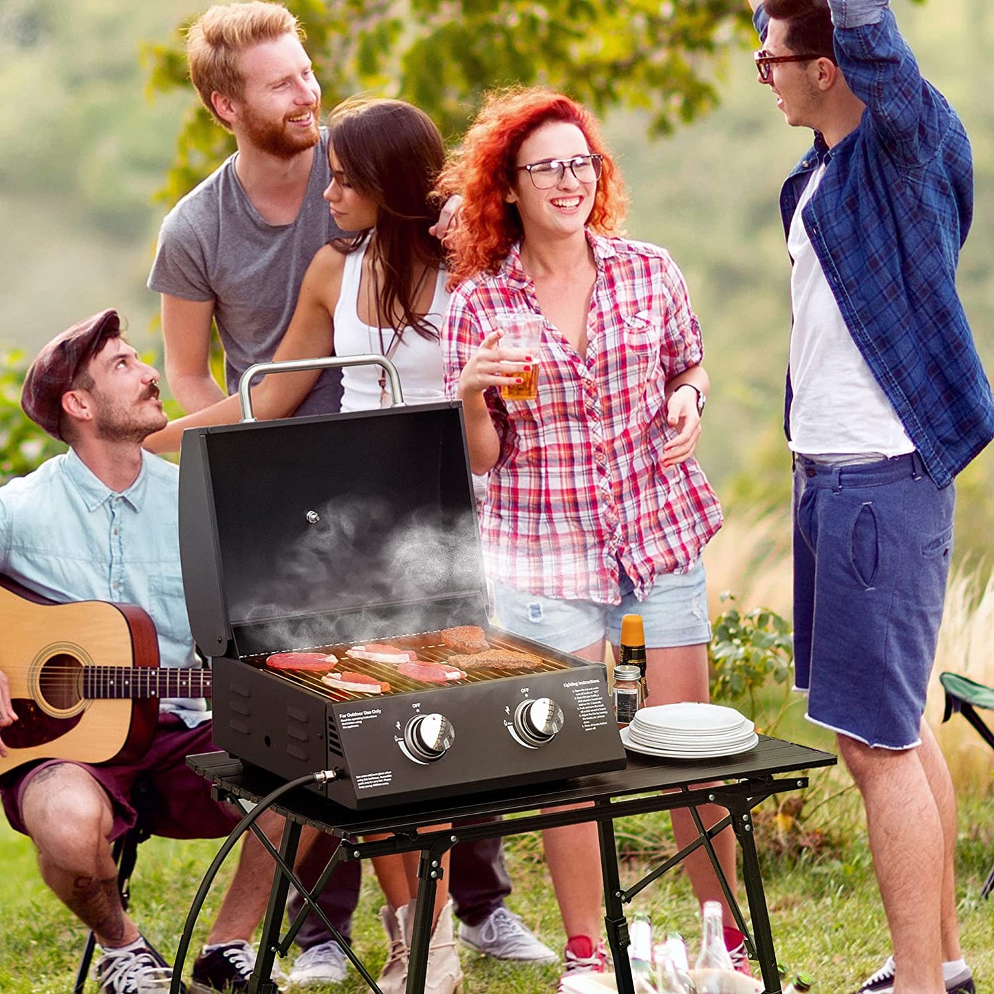 Outsunny 2 Burner Gas BBQ Grill Outdoor Portable Folding Tabletop Barbecue w/ Lid, Thermometer, Carbon Steel, Black