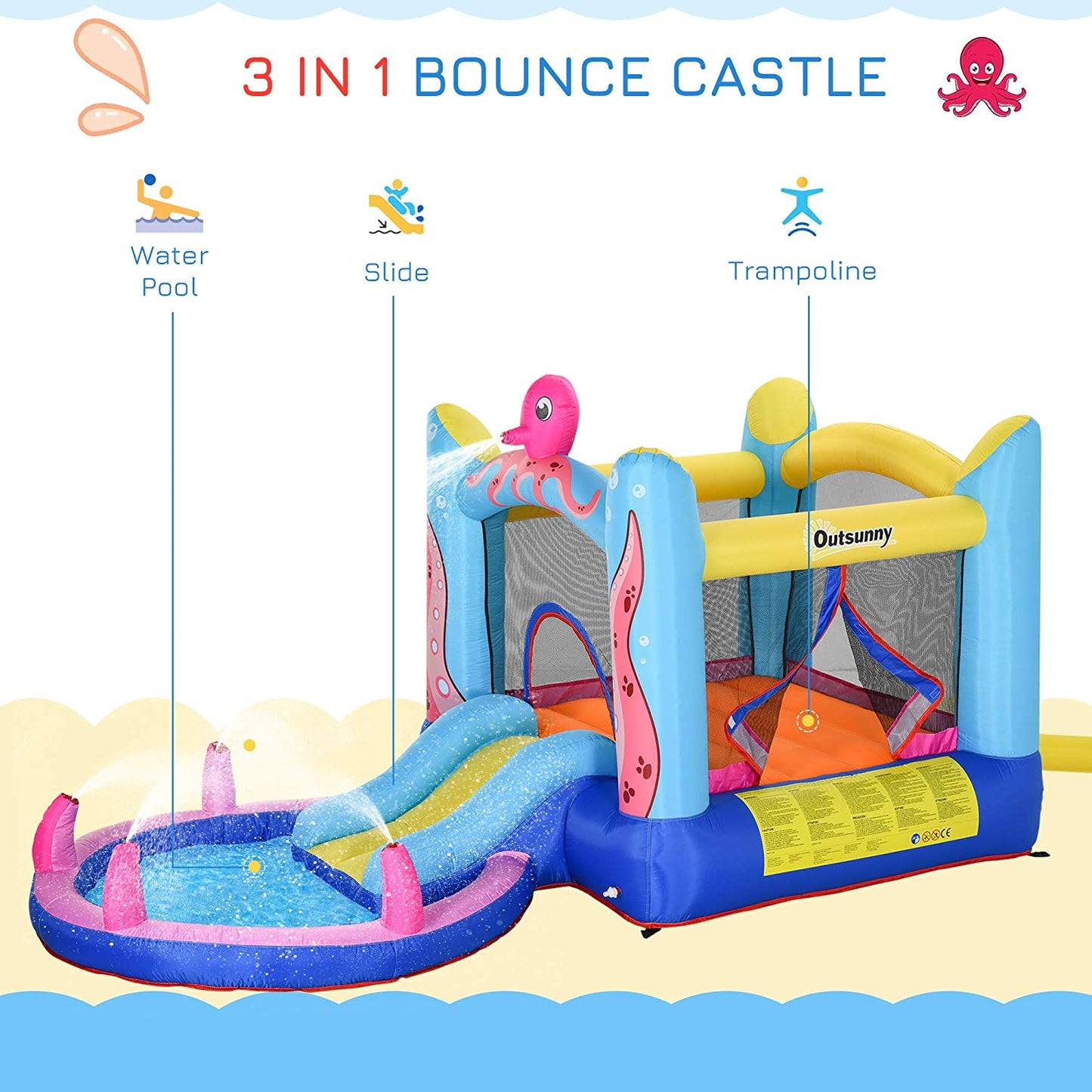 Outsunny Bounce Castle Inflatable Trampoline Slide Pool Octopus Design 3.8 x 2 x 1.8m