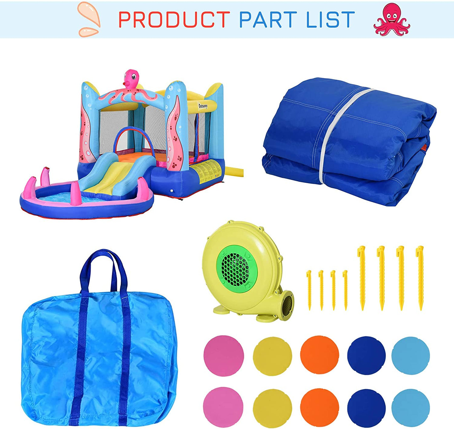 Outsunny Bounce Castle Inflatable Trampoline Slide Pool Octopus Design 3.8 x 2 x 1.8m