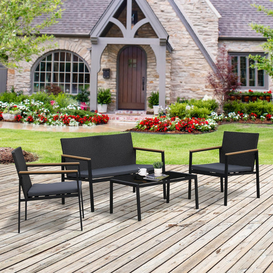 Outsunny 4-Seater Outdoor PE Rattan Table and Chairs Set Black