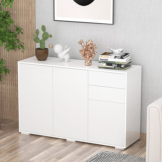 HOMCOM Push-Open Cabinet with 2 Drawer 2 Door Cabinet for Home Office Highlight White