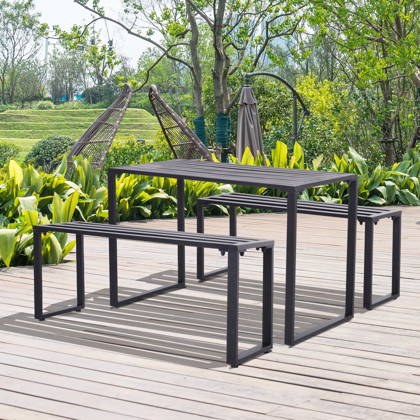 Outsunny 3 Pcs Metal Table W/Bench Set-Black