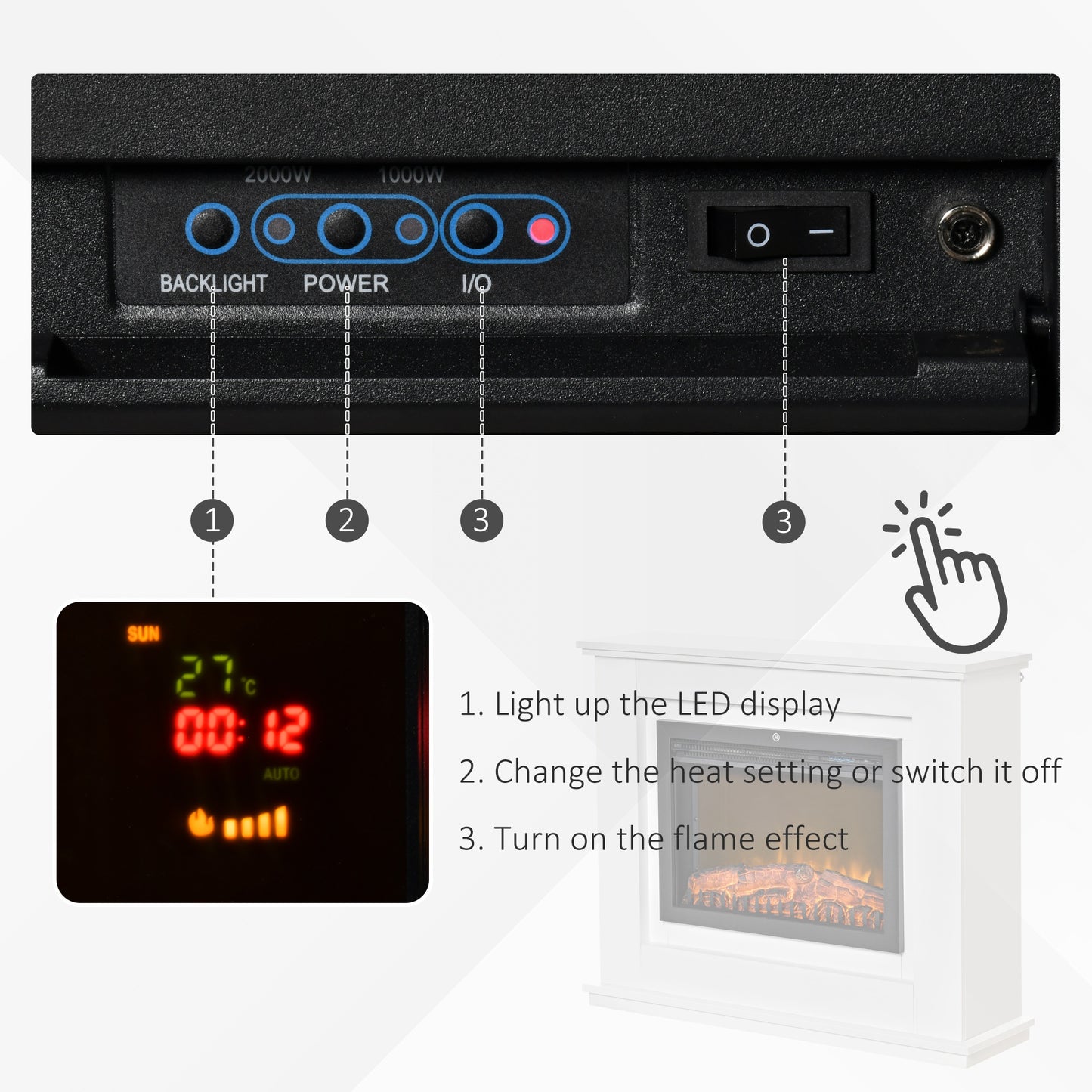 HOMCOM 1kW/2kW Electric Fireplace Suite with Flame Effect Remote Control 7-Day Timer