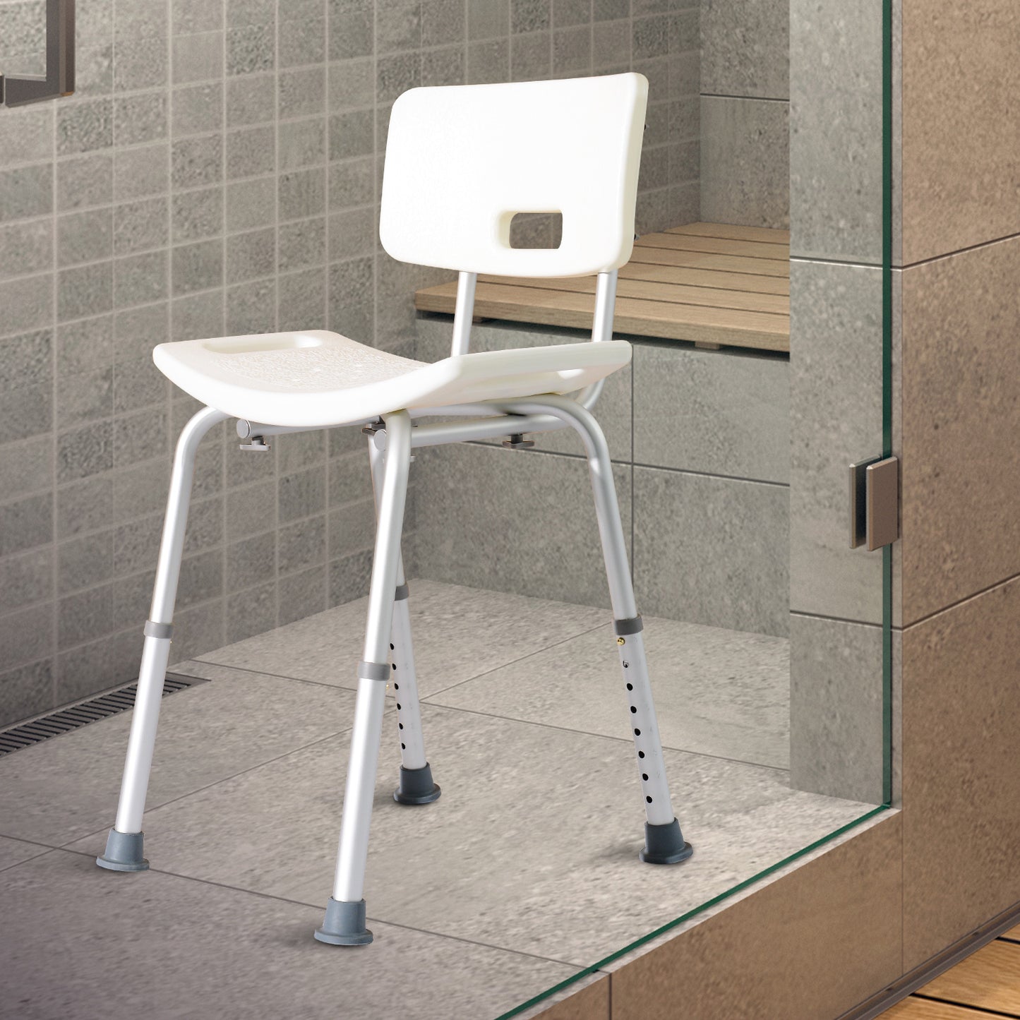 HOMCOM Adjustable Non-Slip Shower and Bath Chair, 55Wx50.6Dx67.5-85.5H cm-Cream White