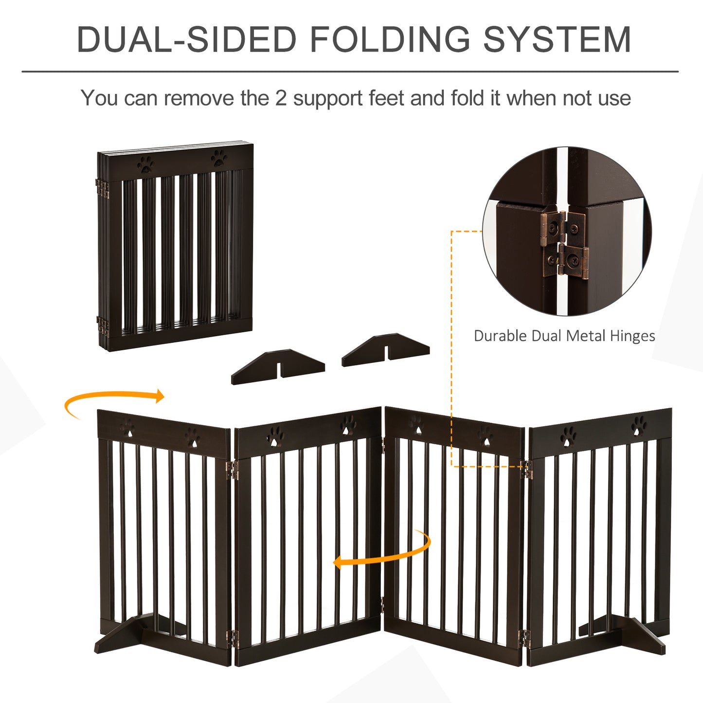 PawHut Freestanding Pet Gate 4 Panel Folding Wooden Dog Barrier  w/ Support Feet