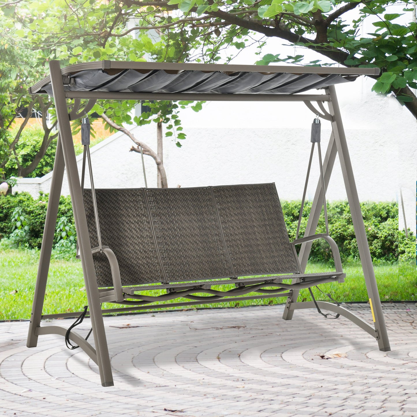 Outsunny 3 Seater Rattan Swing Chair Garden Swing Bench Outdoor w/ Adjustable Canopy