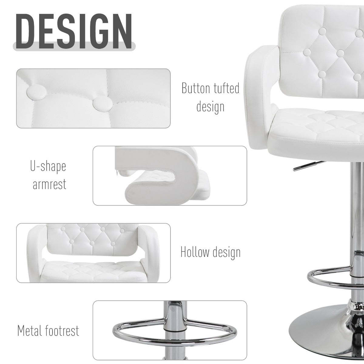 HOMCOM PU Leather Kitchen Bar Stools Swivel Bar Chairs W/Chrome Metal Base - White