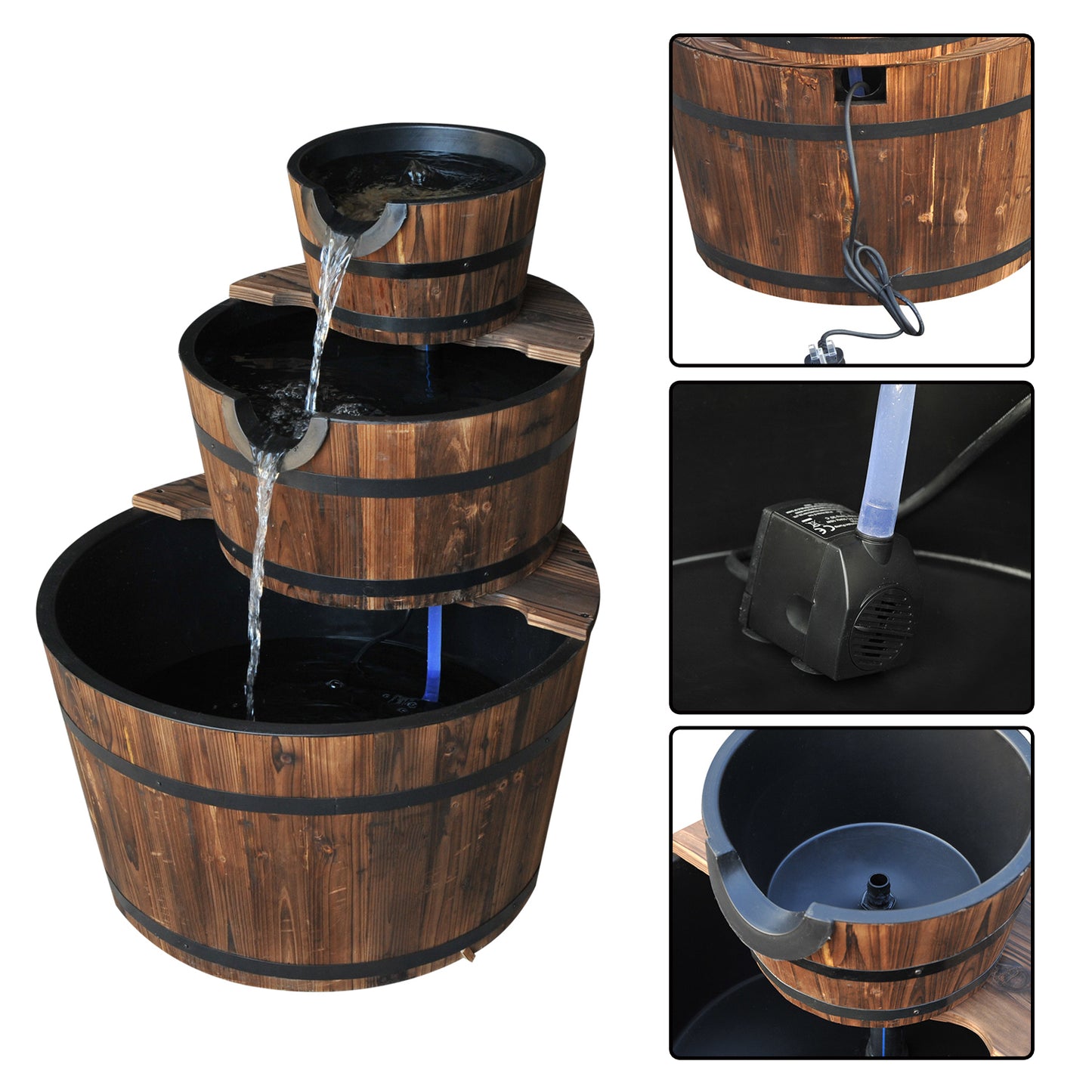 Outsunny Wooden Water Pump Fountain, 3 Tier-Fir Wood/Steel