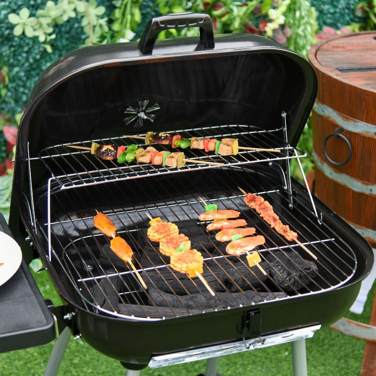 Outsunny Portable Charcoal Grill, 96Lx60Wx83Hcm/62x60Wx82Hcm, Metal-Black