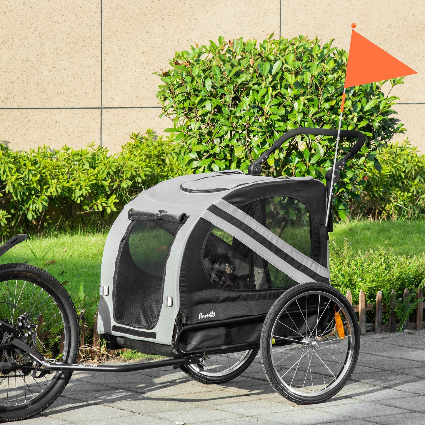 PawHut 2-In-1 Dog Bike Trailer Pet Stroller with Universal Wheel Reflector Flag Grey