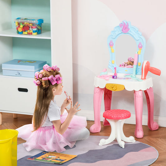 HOMCOM 20 PCS Kids Dressing Table Set, w/ Hair Dryer, Music, 3-6 Years Old, Pink