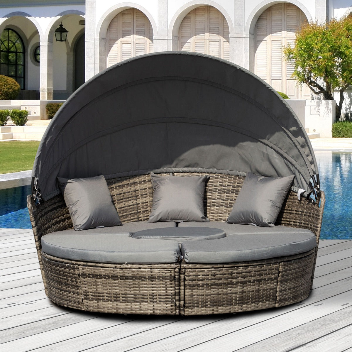 Outsunny 5 Piece Cushioned Outdoor Plastic Rattan Round Sofa Bed Coffee Table Set Deep Grey