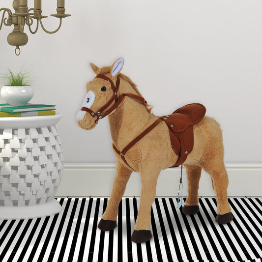 HOMCOM Children's Plush Sound Effects Riding Horse Beige-Brown