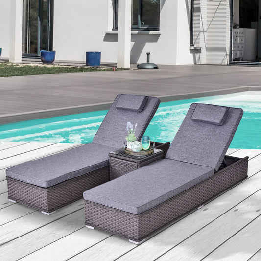 Outsunny PE Rattan 2-Seater Outdoor Garden Sun Lounger Set w/ Side Table Grey