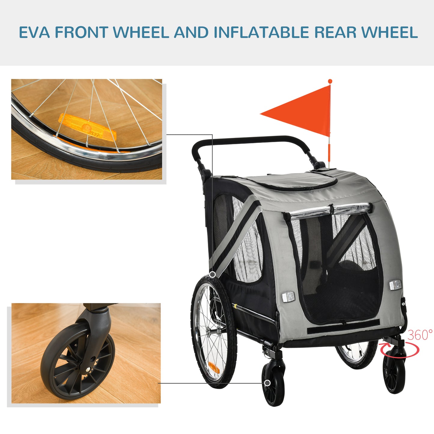 PawHut 2-In-1 Dog Bike Trailer Pet Stroller with Universal Wheel Reflector Flag Grey