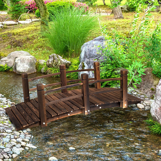 Outsunny 1.5M Wooden Garden Bridge Lawn DÃƒÂ©cor Stained Finish Arc Outdoor Pond Walkway w/ Railings Water Yard Decoration