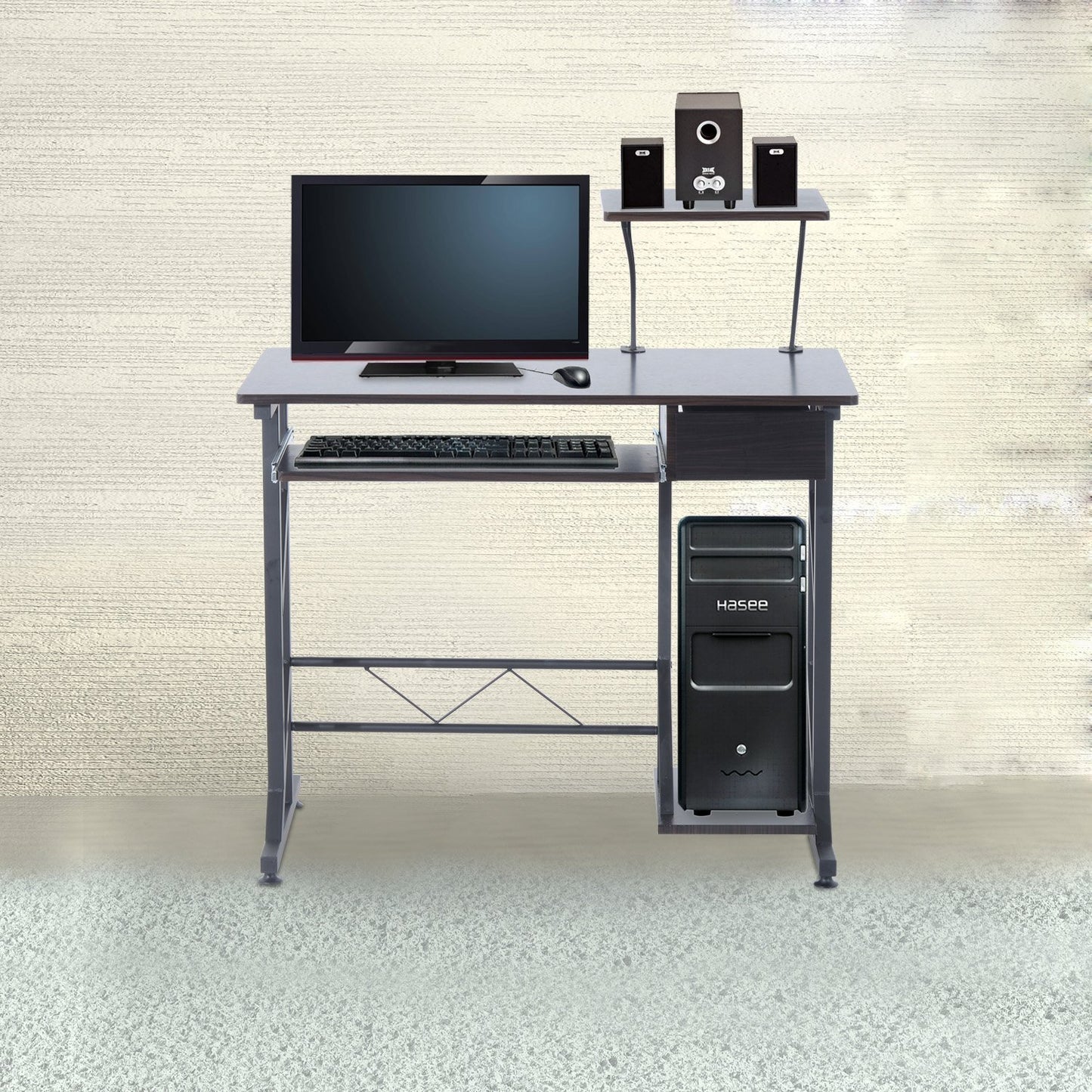 HOMCOM Computer Desk with Sliding Keyboard Tray Drawer and Host Box Shelf-Walnut